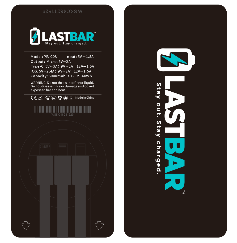 The supplied front and back artwork for a LastBar power bank: dark casing, white and turquoise LastBar branding, and built-in cables